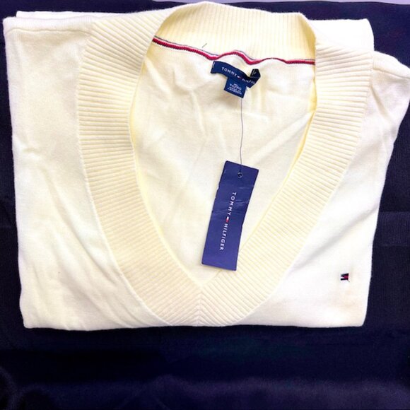 Neq-Women Tommy Hilfiger Pull-Over Sweater Pale Yellow V Neck Cotton XLT ( 23 - Picture 2 of 8